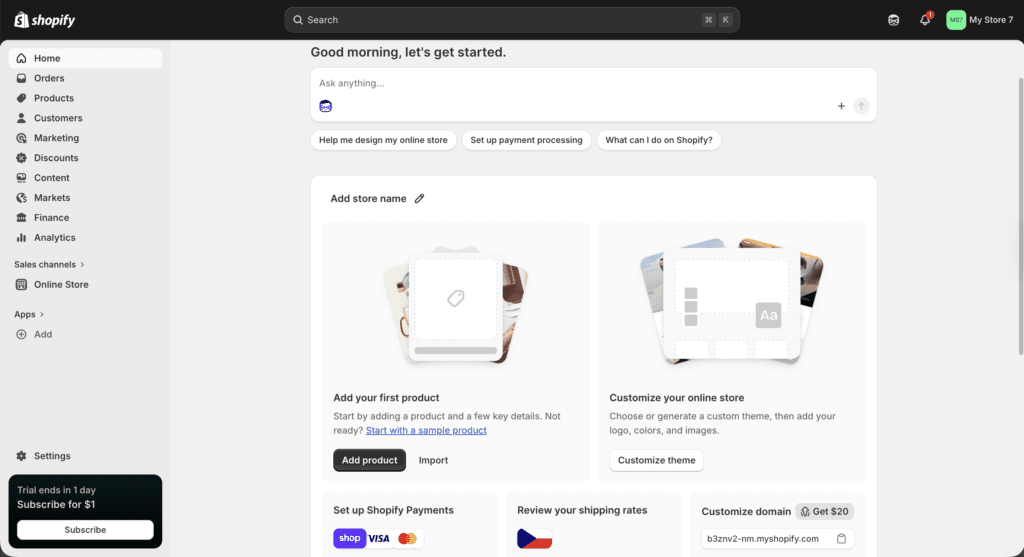 Shopify admin dashboard showing navigation, onboarding cards and store setup widgets