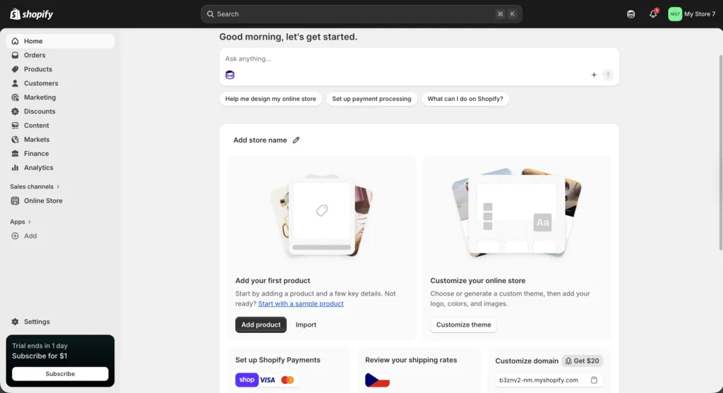 Shopify admin dashboard showing navigation, onboarding cards and store setup widgets