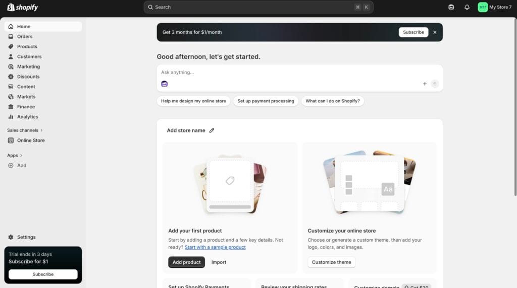 Shopify dashboard after starting a free trial