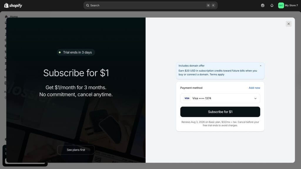Shopify $1 per month trial offer inside the Shopify dashboard