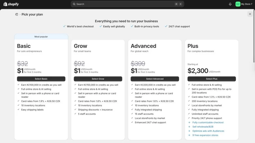 Shopify pricing plans dashboard showing Basic, Grow, Advanced and Plus plans
