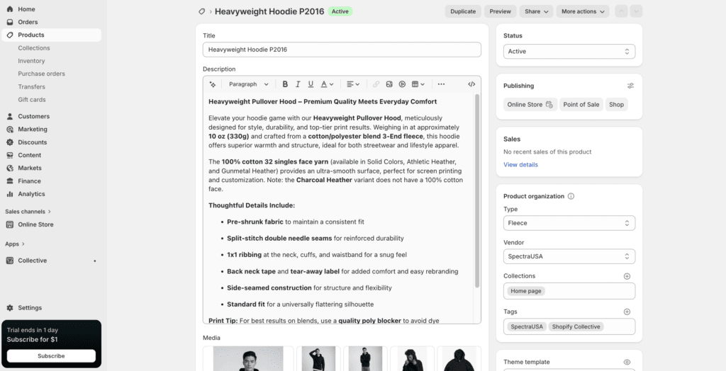 Shopify product dashboard showing product editor status publishing and product organization panels