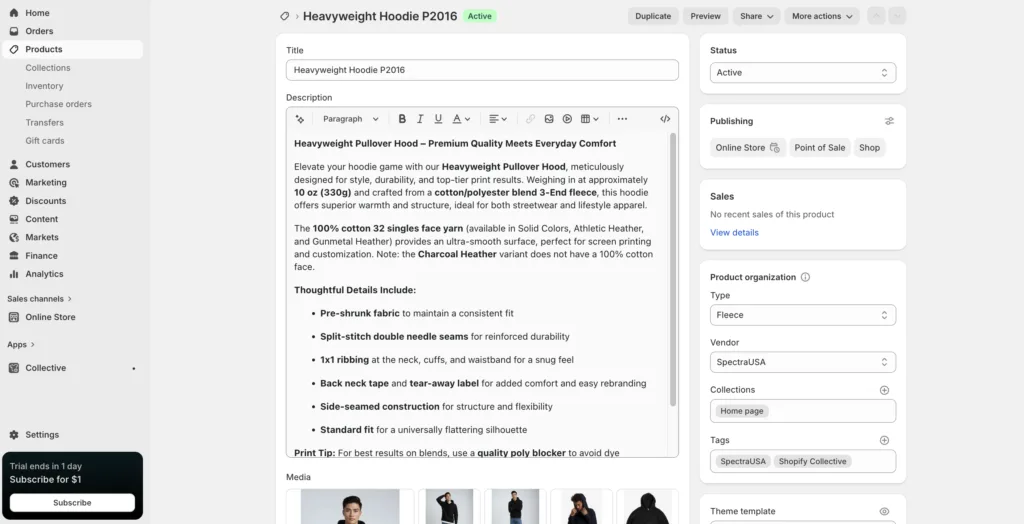 Shopify product dashboard showing product editor status publishing and product organization panels