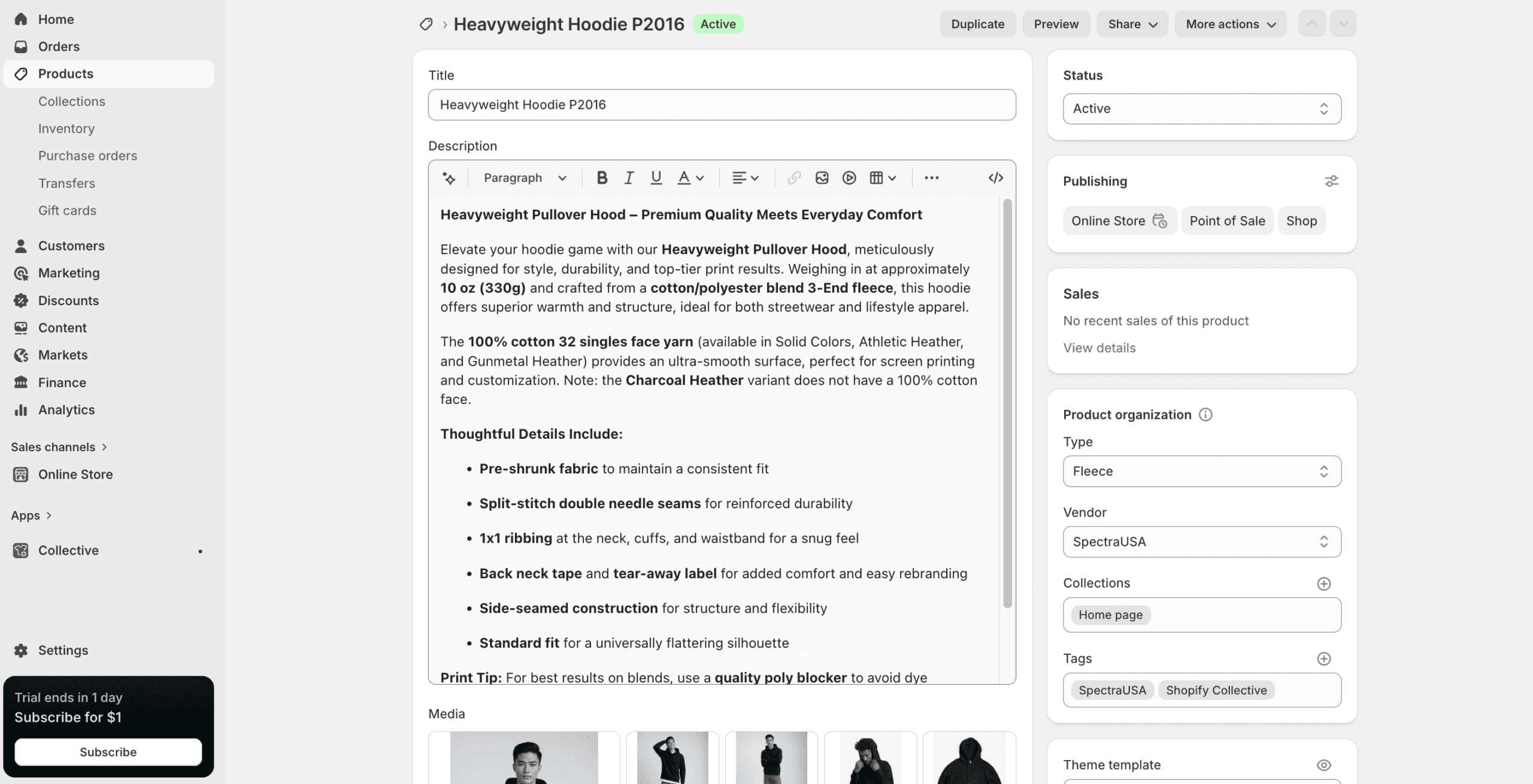 Shopify product dashboard showing product editor status publishing and product organization panels
