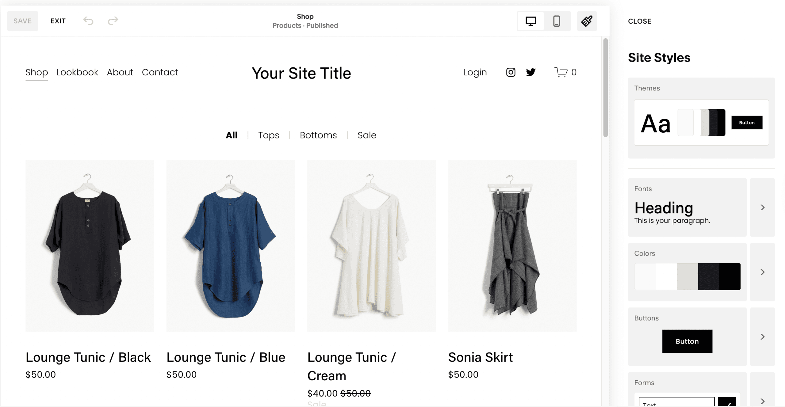 Squarespace editor showing product grid and site styles design controls