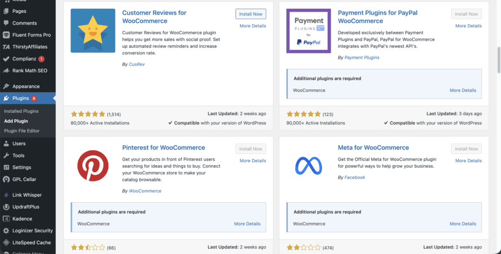 WordPress plugins dashboard showing WooCommerce extensions and ecommerce plugin options