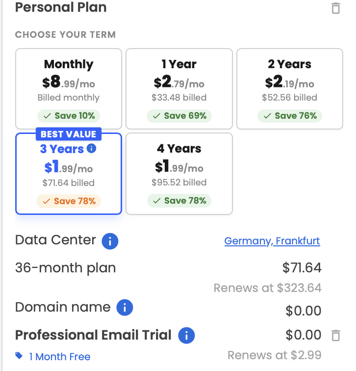 Bluehost checkout summary showing the discount and free domain applied automatically through the link, with no coupon code field used.
