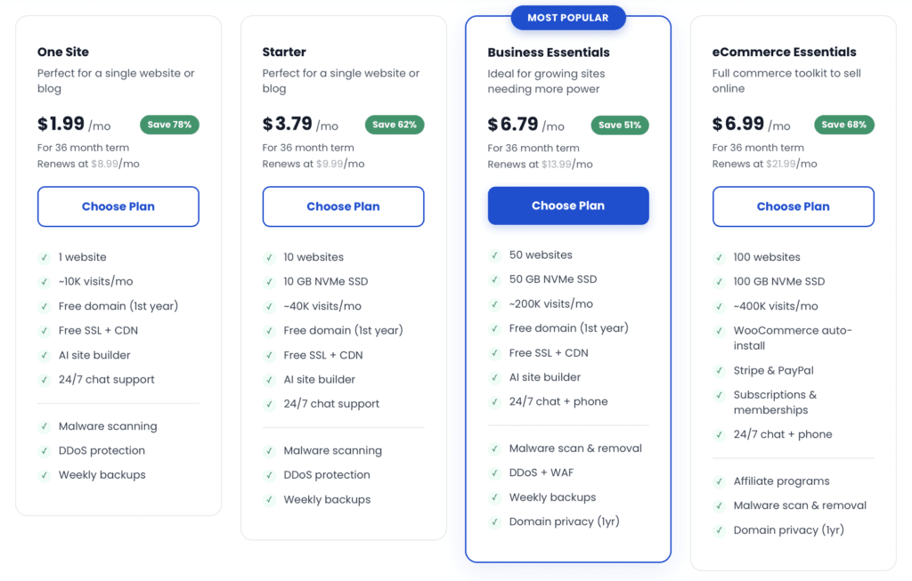 Bluehost discounted hosting plans showing One Site, Starter, Business Essentials and eCommerce Essentials tiers with savings up to 78% off and a free domain.