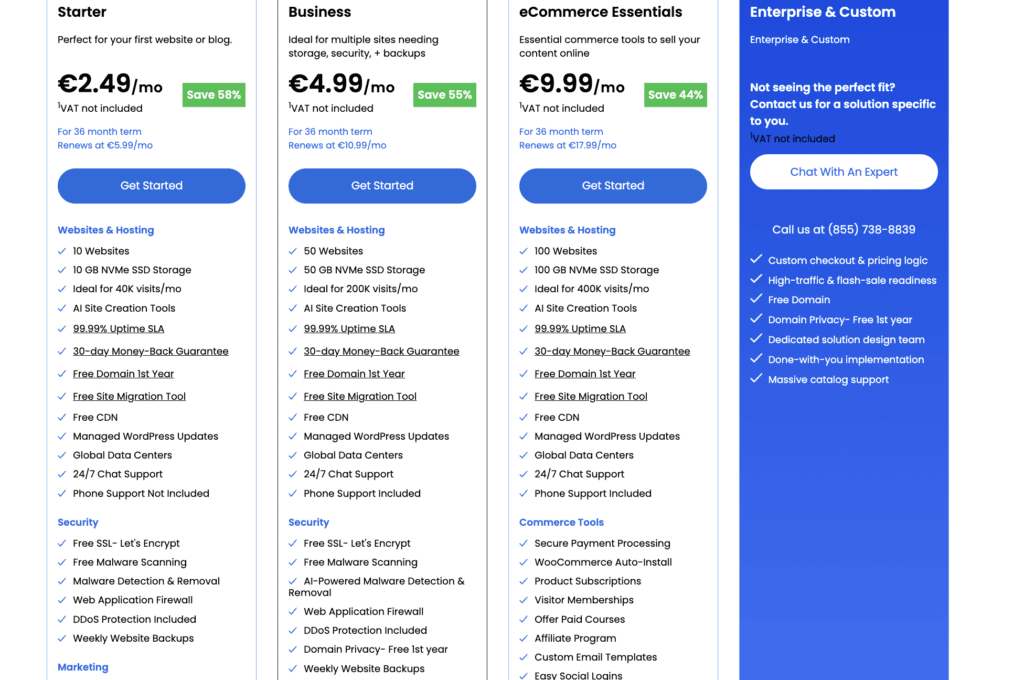 Bluehost shared hosting plans showing storage, websites, and starting prices.