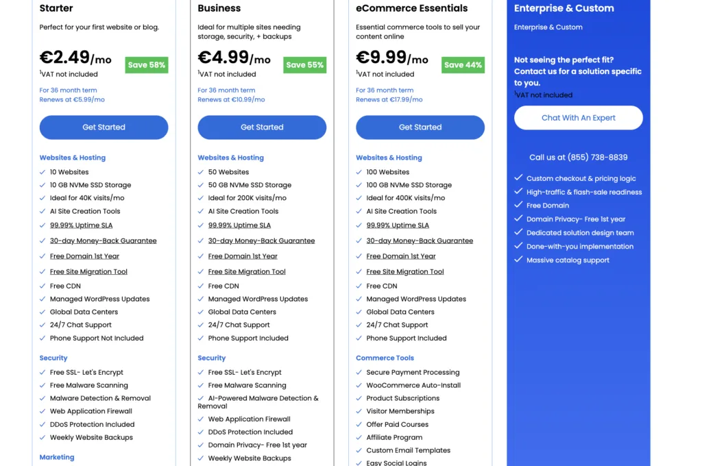 Bluehost shared hosting plans showing storage, websites, and starting prices.