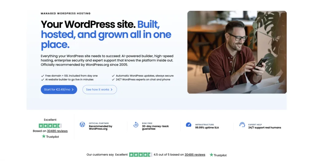 Bluehost WordPress hosting page showing its official WordPress.org recommendation.