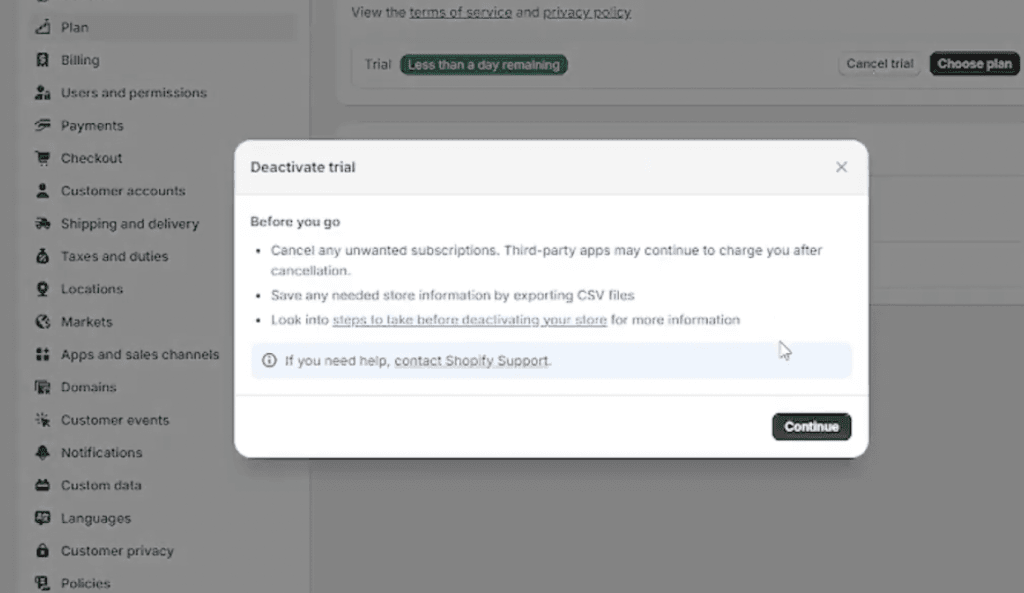 Shopify Deactivate trial pop-up showing the Before you go checklist including cancelling app subscriptions and exporting CSV files