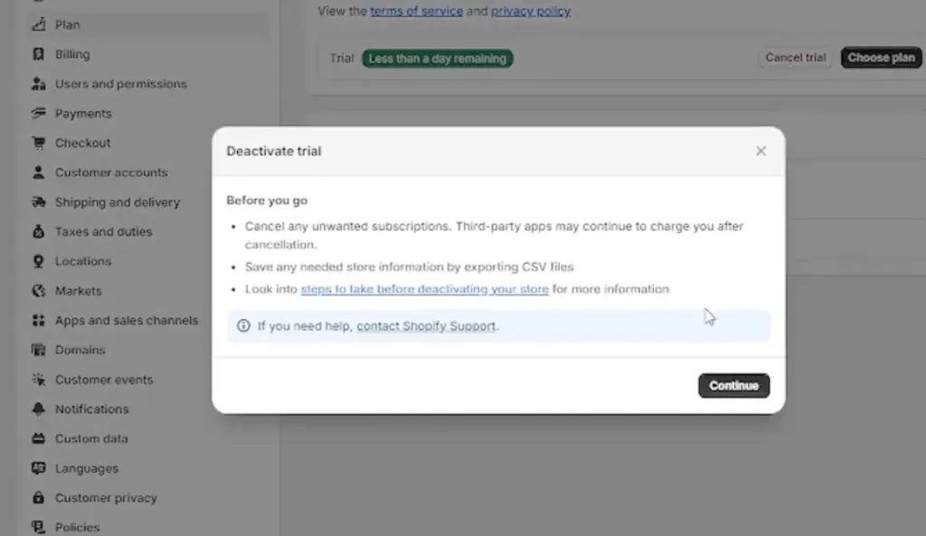 Shopify Deactivate trial pop-up showing the Before you go checklist including cancelling app subscriptions and exporting CSV files