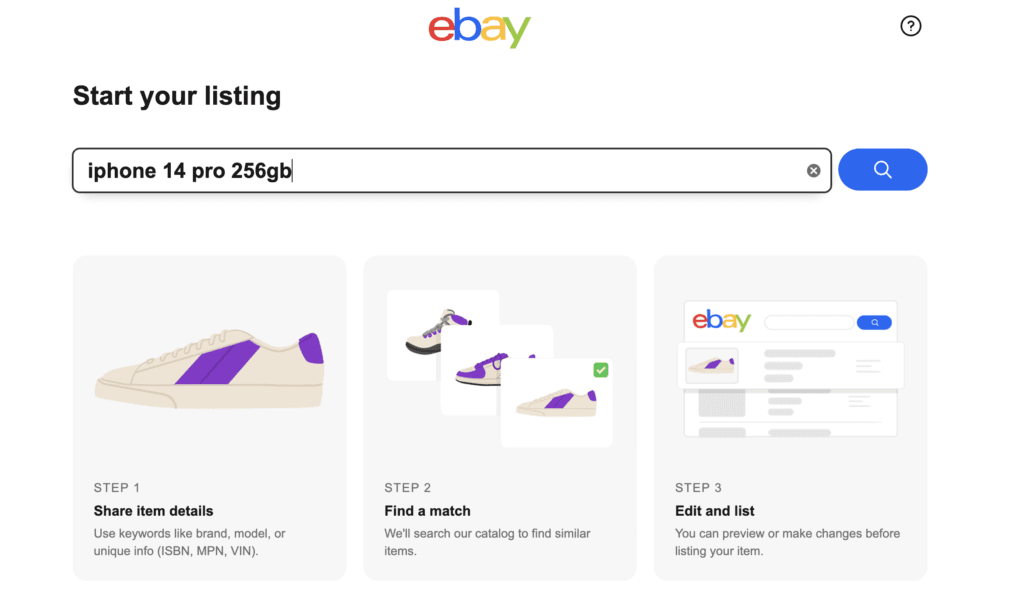eBay Start your listing page showing the three-step process to list an item