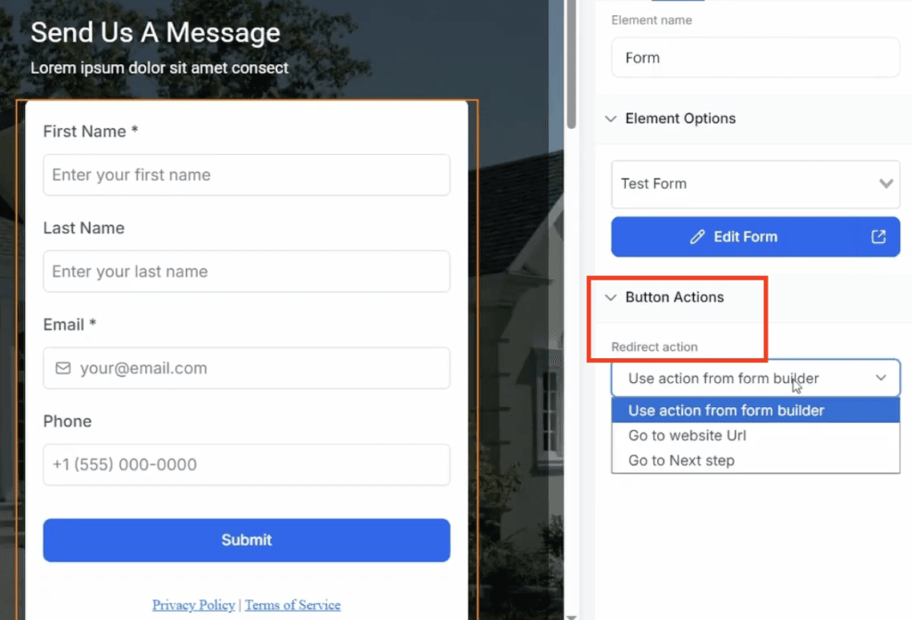 Connecting a form to a funnel and setting the redirect to the next step in GoHighLevel.