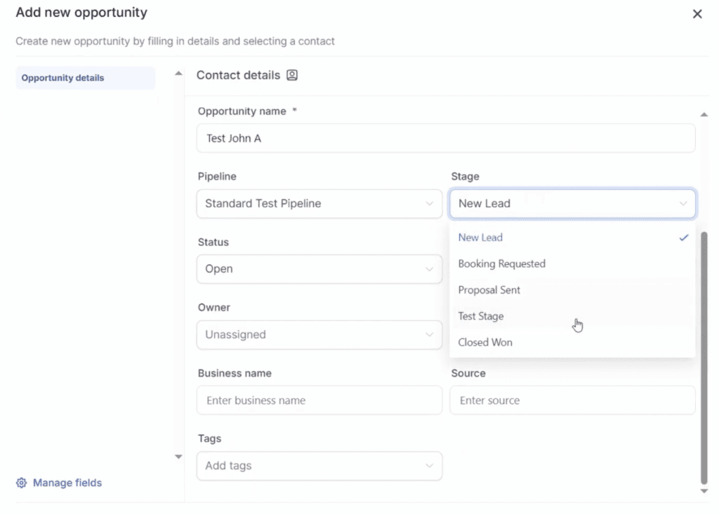Adding an opportunity in GoHighLevel and assigning it to a pipeline and stage.