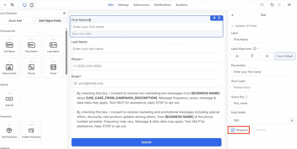 Setting a form field to required in the GoHighLevel form builder.