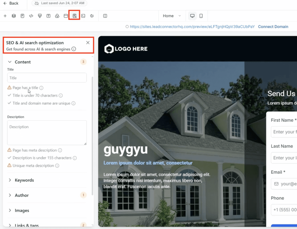 Adding an SEO title and description to a GoHighLevel funnel page before publishing.