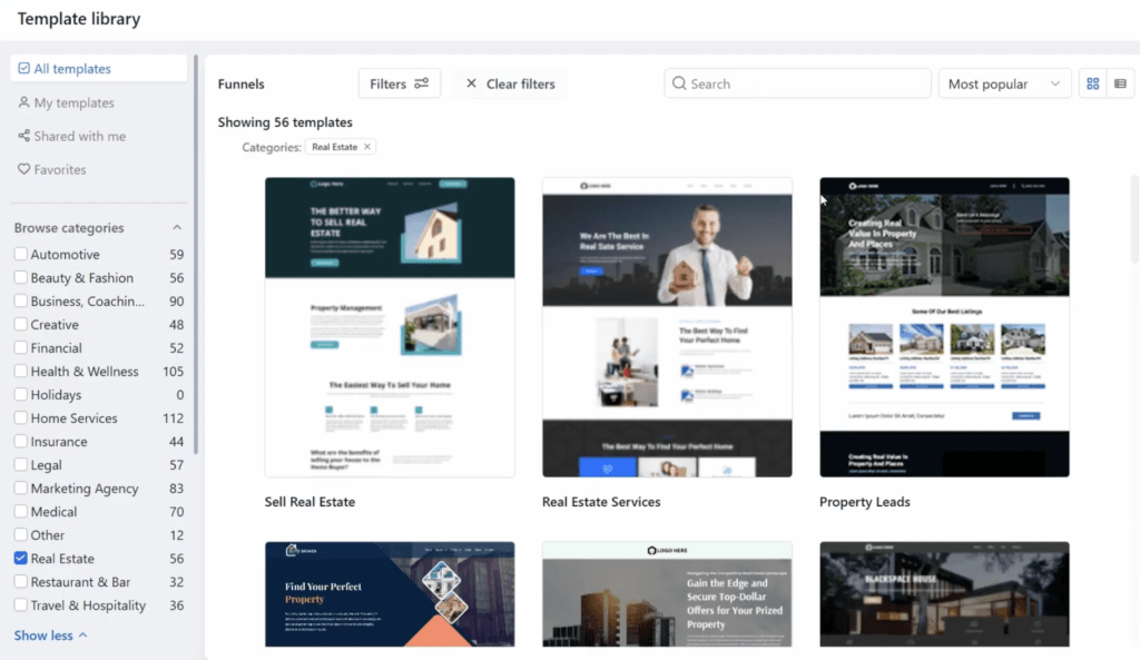 Browsing the GoHighLevel funnel template library by category.