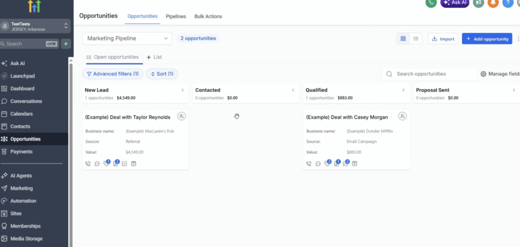 Opportunities tab in GoHighLevel with the Pipelines view open.