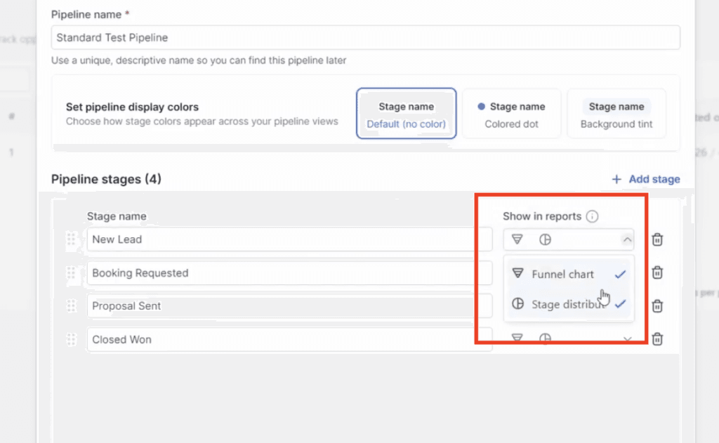 Per-stage dashboard visibility toggles in a GoHighLevel pipeline.