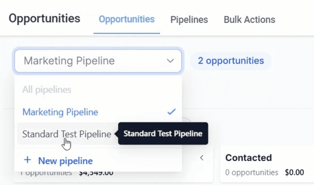 Switching between pipelines using the dropdown in GoHighLevel Opportunities.