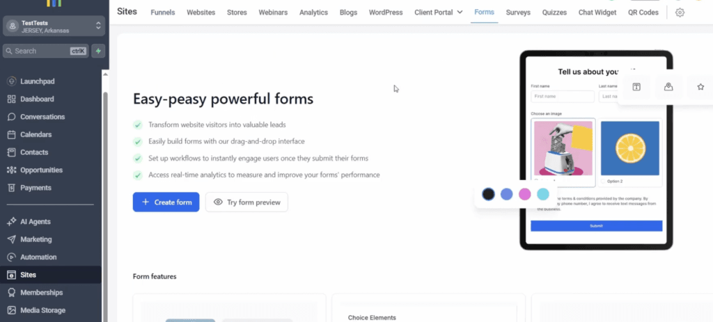 Creating a new form under the Sites Forms tab in GoHighLevel.