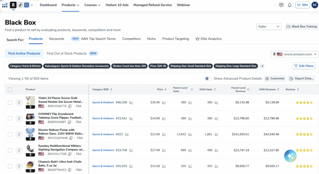 Helium 10 Black Box product research results, a tool unlocked on the Platinum plan.