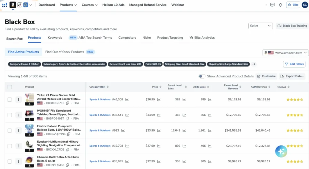 Helium 10 Black Box product research results, a tool unlocked on the Platinum plan.