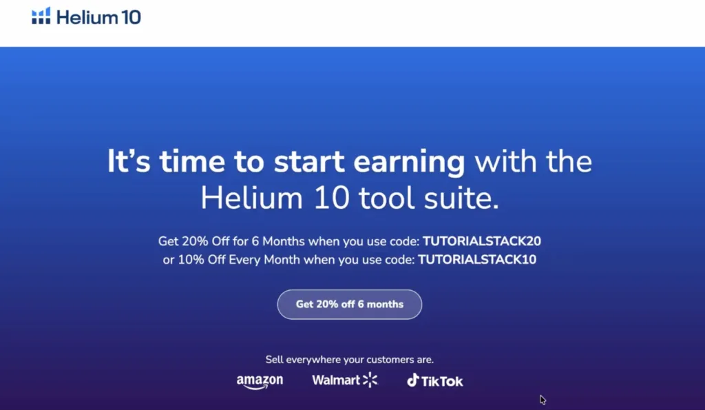 Helium 10 offer page showing the TUTORIALSTACK20 and TUTORIALSTACK10 discount codes.