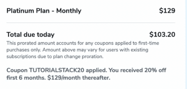 Helium 10 Platinum checkout with code TUTORIALSTACK20 applied, price dropping to $103.20.