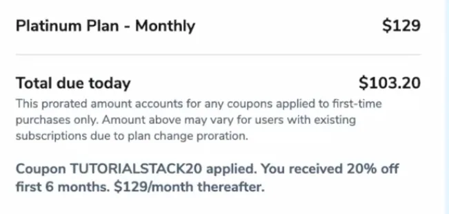 Helium 10 Platinum checkout with code TUTORIALSTACK20 applied, price dropping to $103.20.