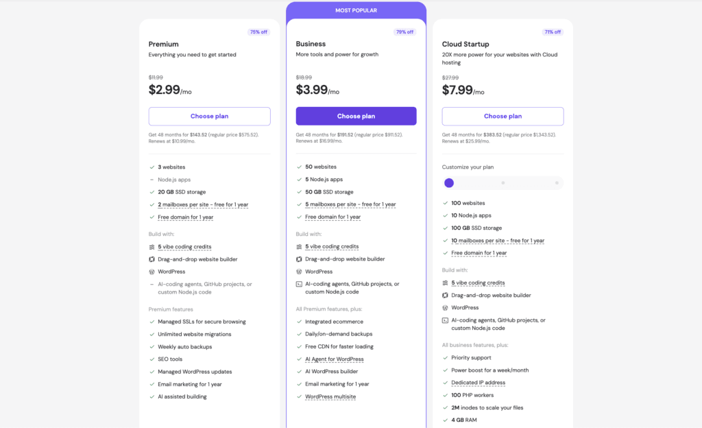 Hostinger web hosting plans showing storage, number of websites, and intro pricing.