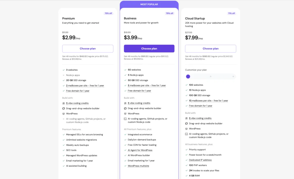 Hostinger web hosting plans showing storage, number of websites, and intro pricing.
