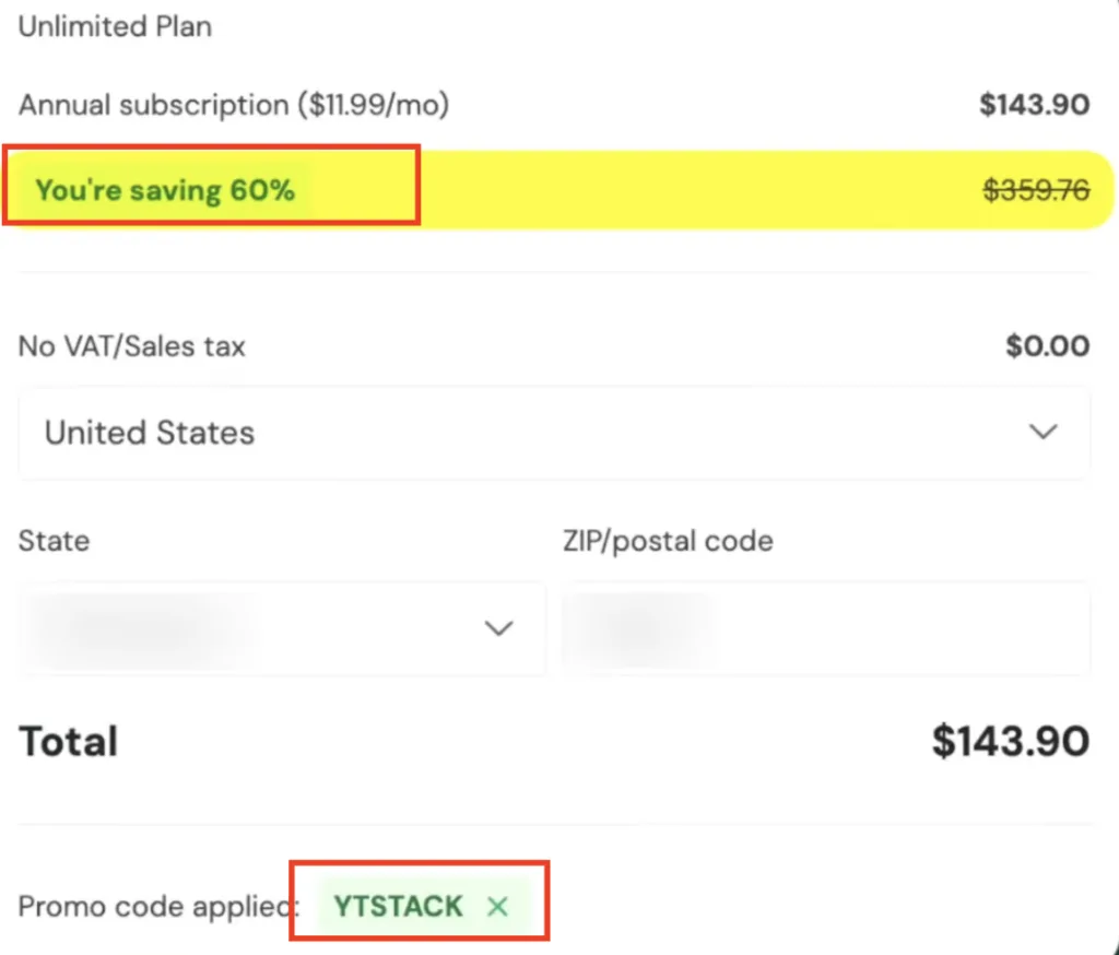 Incogni annual plan checkout showing 60% off with code YTSTACK applied