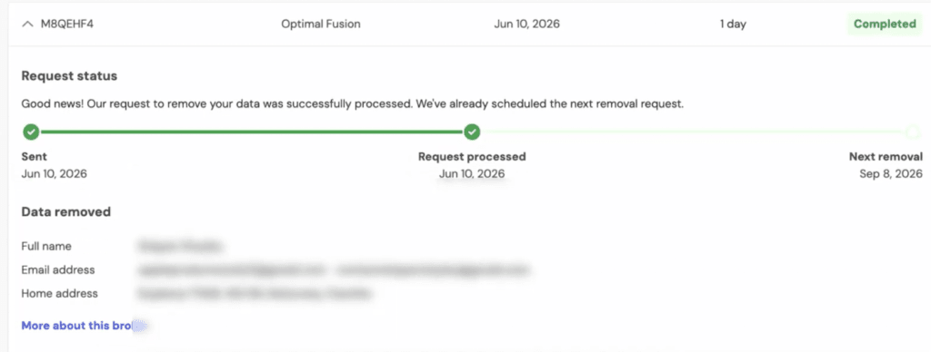 Incogni confirmation that a data-broker removal request was completed and rescheduled