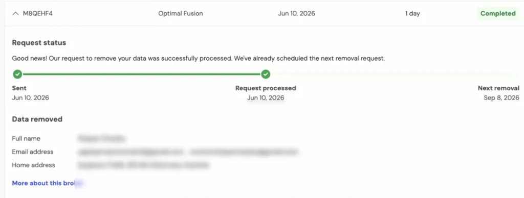 Incogni confirmation that a data-broker removal request was completed and rescheduled