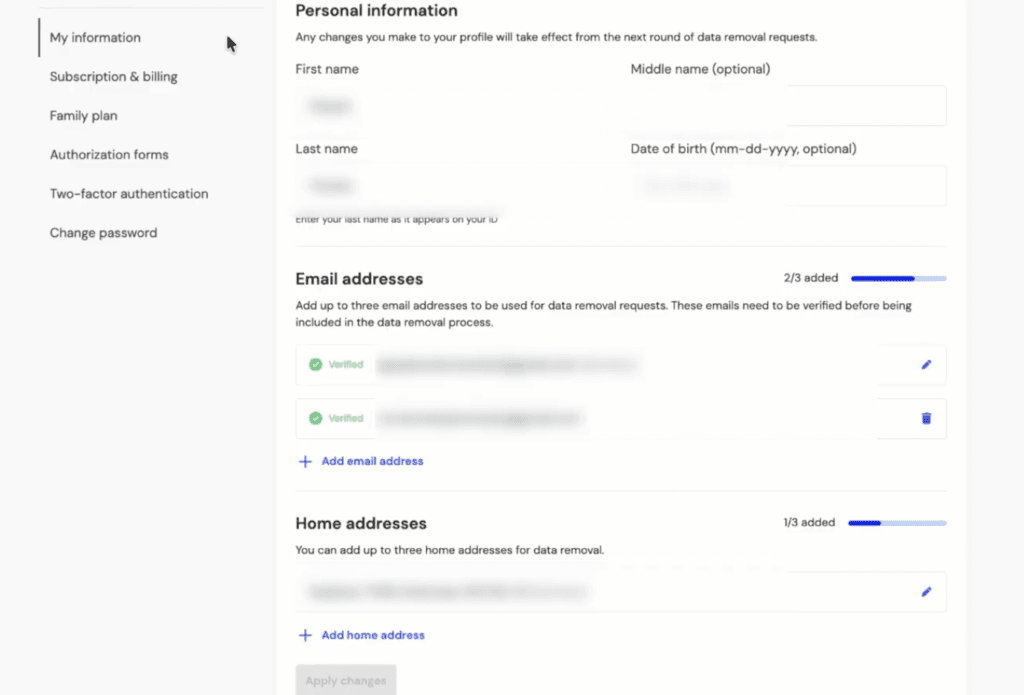 Adding personal details in Incogni so it knows what data to remove