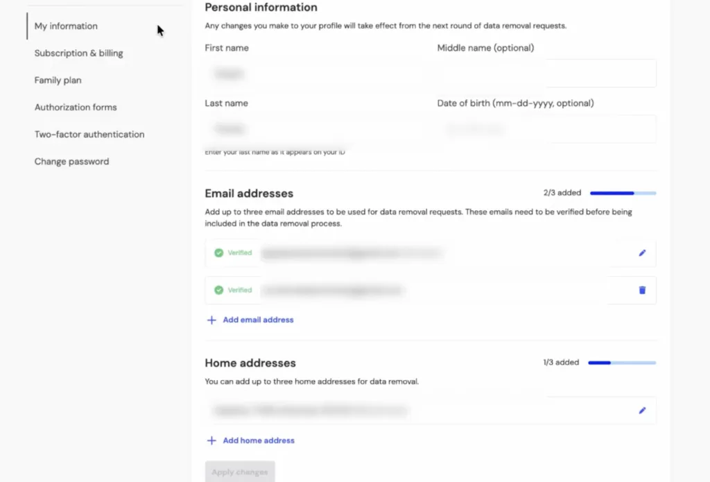 Adding personal details in Incogni so it knows what data to remove