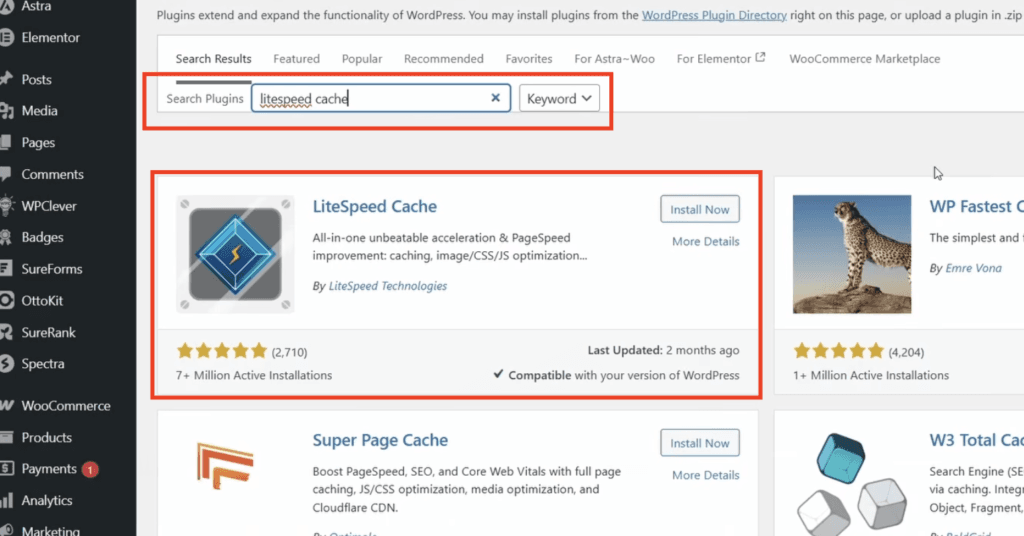 Installing the LiteSpeed Cache plugin in WordPress