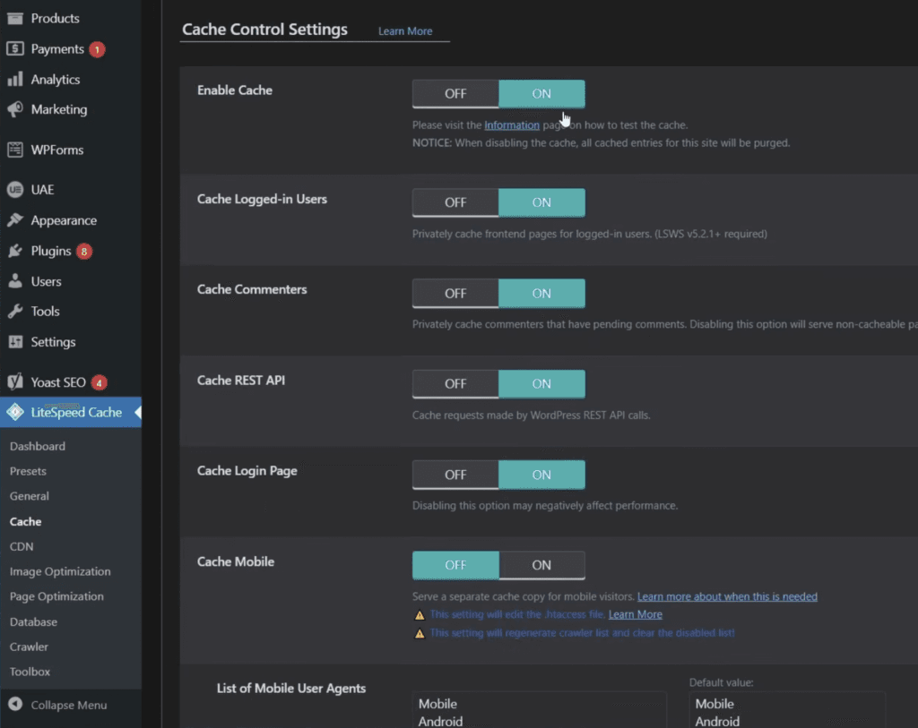 LiteSpeed Cache settings with caching enabled in WordPress