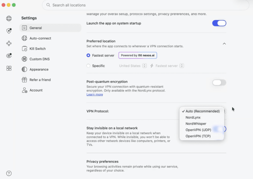 NordVPN settings showing the NordLynx protocol option for faster gaming.