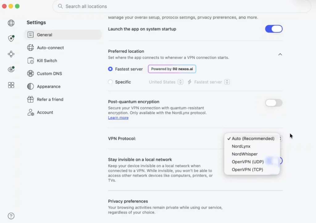 NordVPN settings showing the NordLynx protocol option for faster gaming.