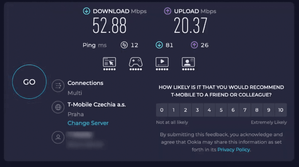 Speed test before connecting to NordVPN, showing baseline download speed and ping.