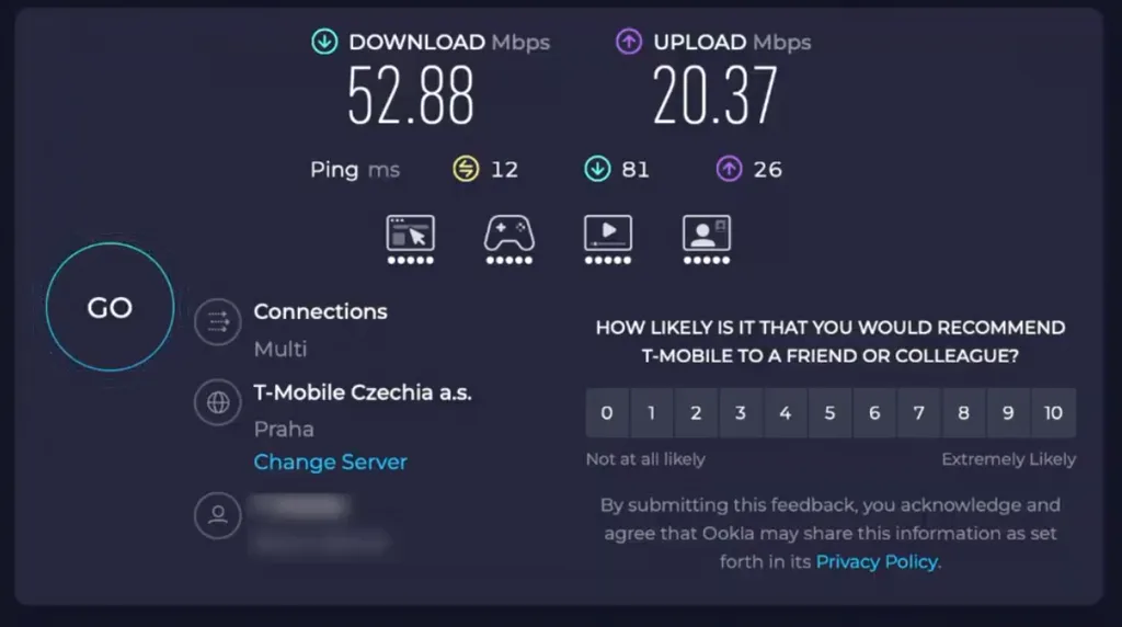 Speed test before connecting to NordVPN, showing baseline download speed and ping.