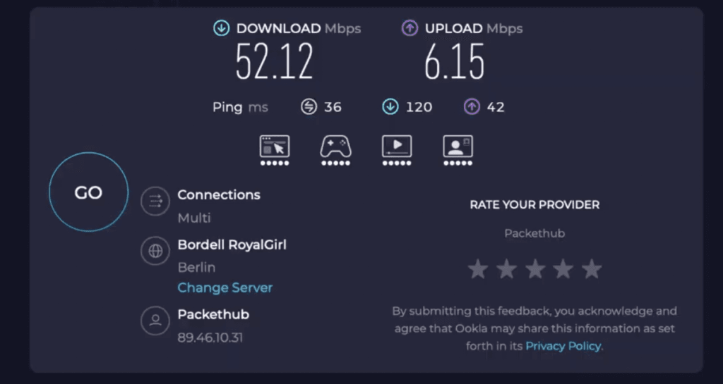 NordVPN connected on the NordLynx protocol with download speed almost unchanged from baseline.