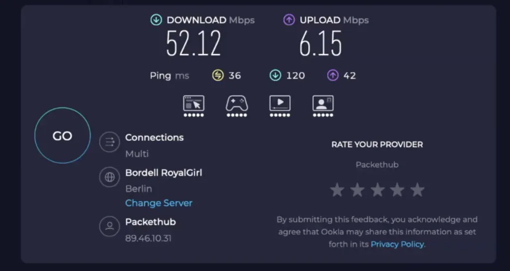NordVPN connected on the NordLynx protocol with download speed almost unchanged from baseline.