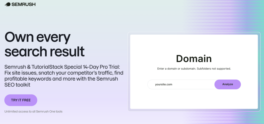 TutorialStack exclusive Semrush 14-day Pro trial offer page