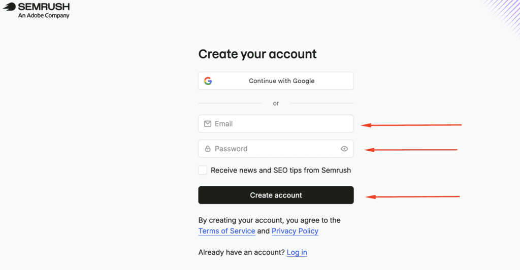 Semrush create account screen — email and Google signup, no card required