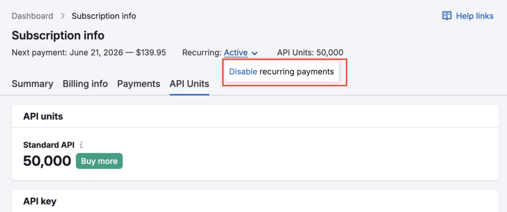 Semrush Subscription info with Disable recurring payments option